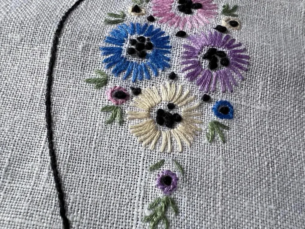 Vintage Hand Embroidered Linen Table Runner, Floral Cottagecore Linen